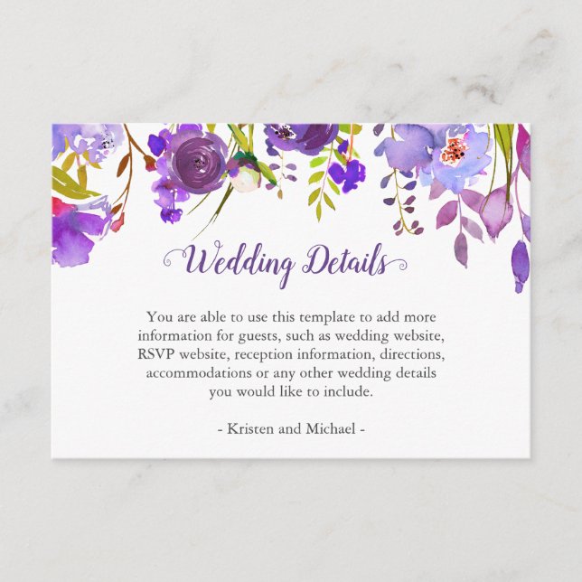 Lila Violett-Blume Hochzeitdetails Empfang Begleitkarte (Vorderseite)