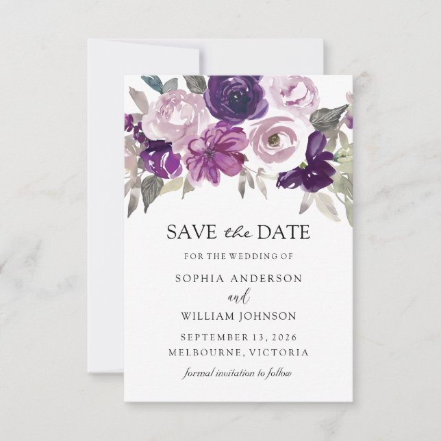 Lila Violett-Blumenwetterwetterhochzeit Save The Date (Vorderseite)