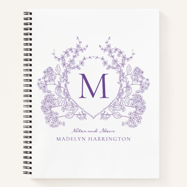 Lila Violett Floral Wappen Monogramm Notizbuch (Vorderseite)