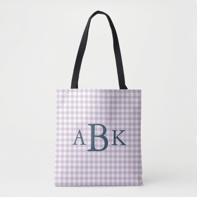 Lila Violett Gingham Monogramm Tasche (Vorderseite)