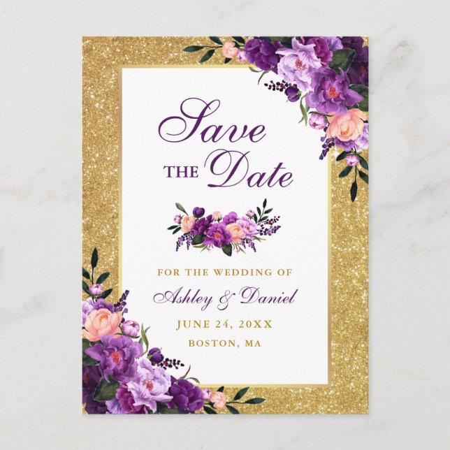 Lila Violett-Glitzer Save the Date Ankündigungspostkarte (Vorderseite)