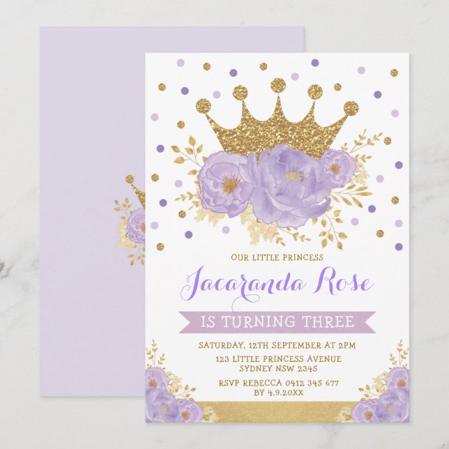Lila Violett Goldflorenkronprinzessin Geburtstag Einladung (Vorne/Hinten)