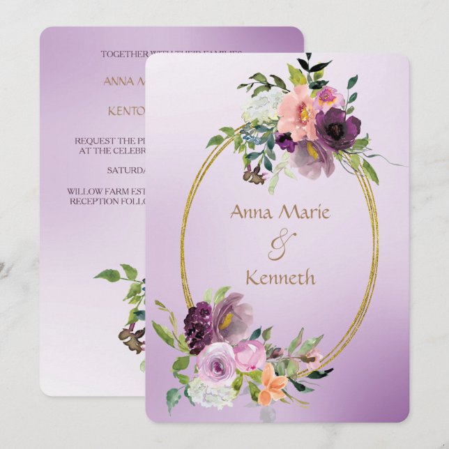 Lila Violett-Hochzeit in Gold-Doppelrahmen Einladung (Vorne/Hinten)