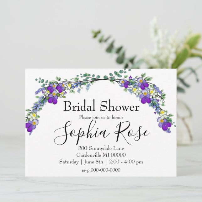 Lila Violett Lavendel Eucalyptus Brautparty Einladung (Stehend Vorderseite)