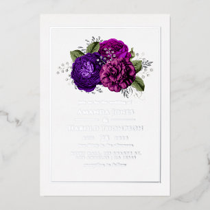 Lila, Violett, Pflaume und Silber Blumen Hochzeit Folieneinladung