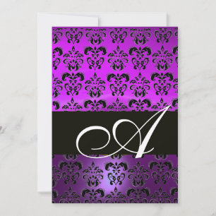 LILA VIOLETT SCHWARZ DAMAST MONOGRAMM, weiß Einladung