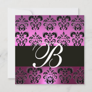 LILA VIOLETT SCHWARZER DAMAST MONOGRAMM, weiß, Einladung