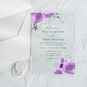 Lila Violett & Silber Blumen Elegante Hochzeit Acryleinladungen