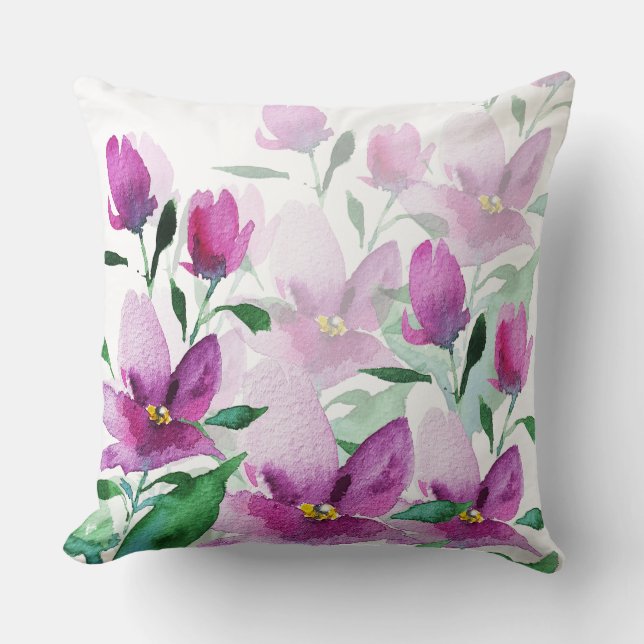Lila Violett Wasserfarbe Blütenhandbemalt Kissen (Vorderseite)