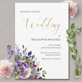 Lila Violett-Wasserfarben-Bouquet-Goldhochzeit Einladung