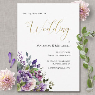 Lila Violett-Wasserfarben-Bouquet-Goldhochzeit Einladung