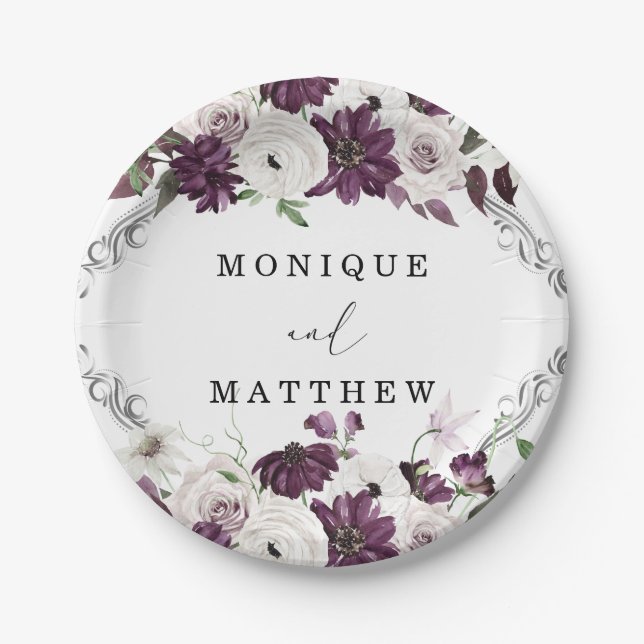 Lila Violett Weiße Rosen Silver Geometric Wedding Pappteller (Vorderseite)
