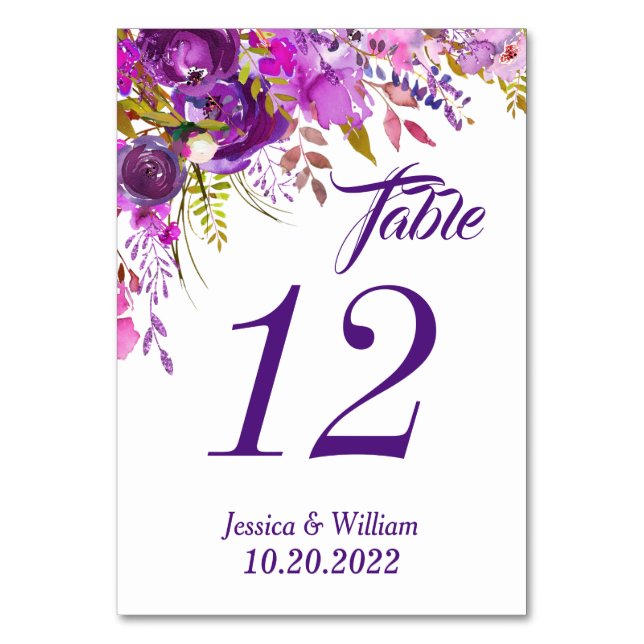 Lila Violettblumenhochzeit Tischnummer (Vorderseite)
