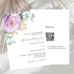 Lila violette Blumen QR-Code RSVP Hochzeit Einladung