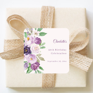 Lila violette rosa Blumen Geburtstag Quadratischer Aufkleber