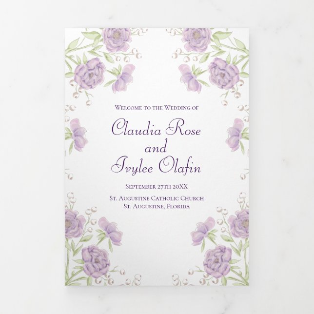 Lila violette Rosen Hochzeitsprogramme Dreifach-gefaltete Programmkarte (Cover)