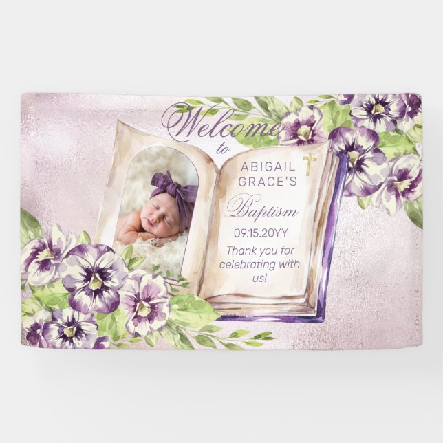 Lila Violetten Arched Foto Einzigartige Taufe Banner (Horizontal)