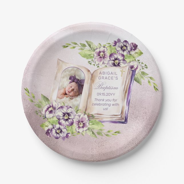 Lila Violetten Arched Foto Einzigartige Taufe Pappteller (Vorderseite)