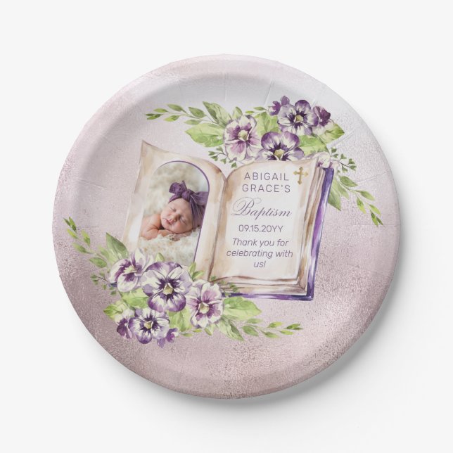 Lila Violetten Arched Foto Einzigartige Taufe Pappteller (Vorderseite)