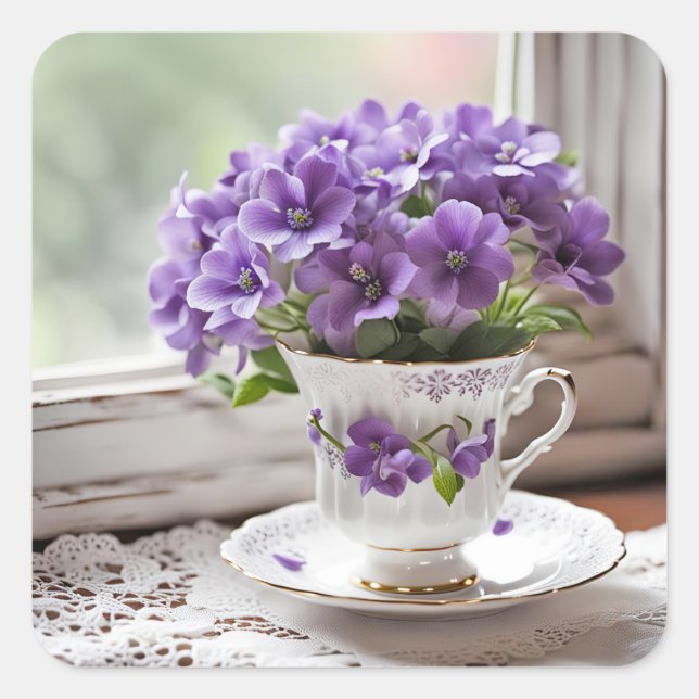 Lila Violetten im alten Teacup Quadratischer Aufkleber (Vorderseite)