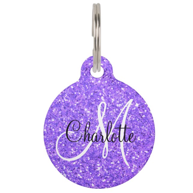 Lila violetter funkelnder Glitzer mit Monogramm Haustiermarke (Vorderseite)
