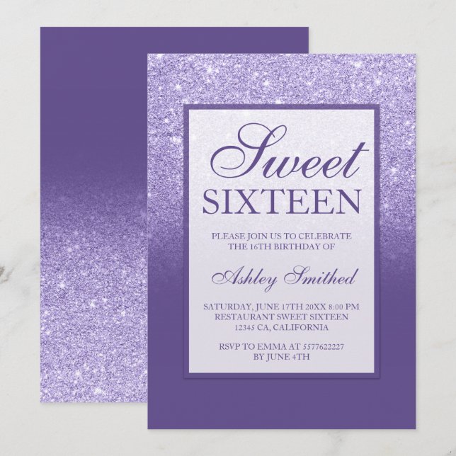 Lila violetter Glitzer eleganter Sweet 16 Einladung (Vorne/Hinten)