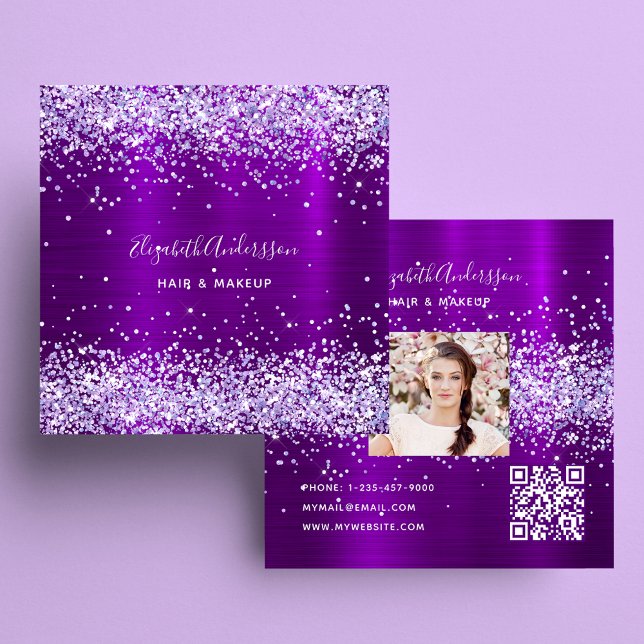 Lila violetter Glitzer Foto qr Quadratische Visitenkarte (Von Creator hochgeladen)