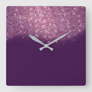 Lila violetter Glitzerconfetti-Rosa-Rosen-Zauber Quadratische Wanduhr