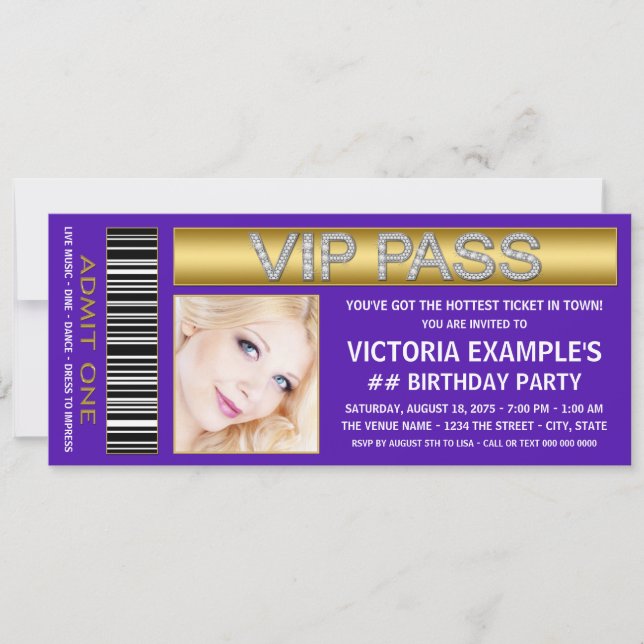 Lila VIP Pass Eintrittskarte Geburtstagsparty Einladung (Vorderseite)