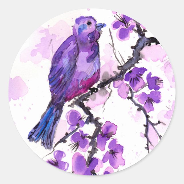 Lila Vögel und Blüten Runder Aufkleber (Vorderseite)
