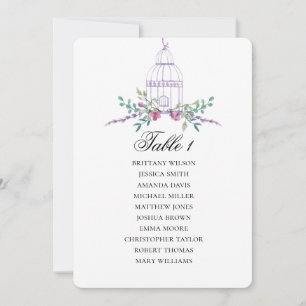 Lila Vogelkäfig-Sitzkarte. Hochzeitsplan Einladung
