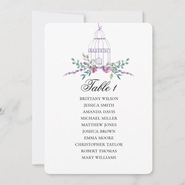 Lila Vogelkäfig-Sitzkarte. Hochzeitsplan Einladung (Vorderseite)