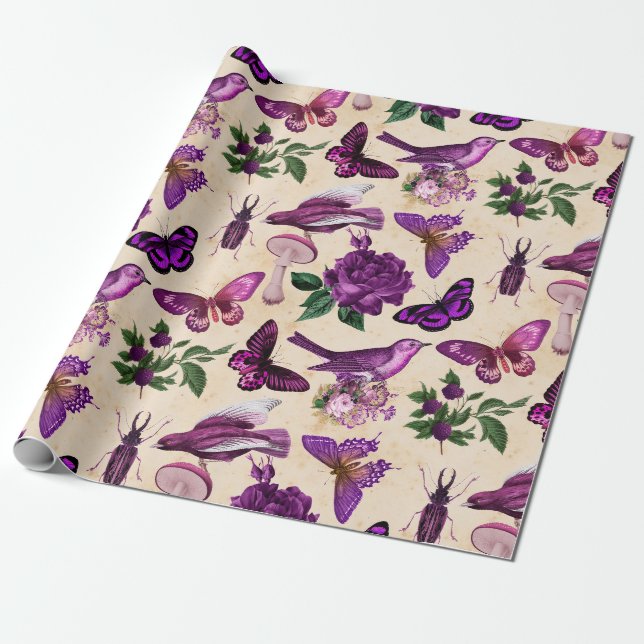 Lila Vogelschmetterlinge und Pilze Geschenkpapier (Ungerollt)