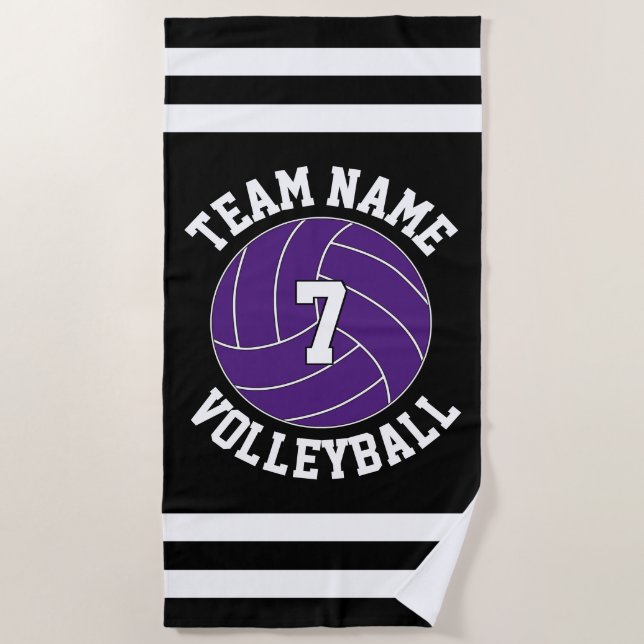 Lila Volleyball-Teamname und Spielernummer Strandtuch (Vorderseite)