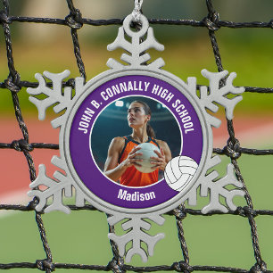 Lila Volleyballspieler Foto High School Schneeflocken Zinn-Ornament