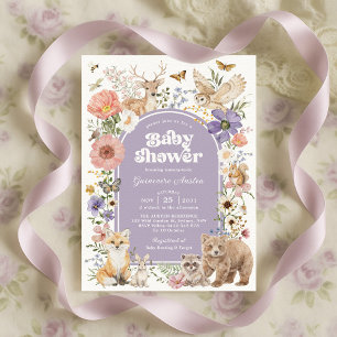 Lila Waldtiere Wildblumen Baby Shower Einladung