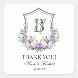 Lila Wappen mit weißer Blüte Hochzeit Vielen Dank Quadratischer Aufkleber