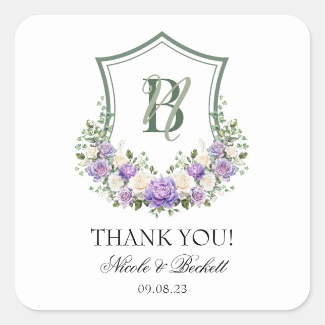 Lila Wappen mit weißer Blüte Hochzeit Vielen Dank Quadratischer Aufkleber (Vorderseite)