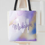 Lila Wasserfarbe Abstrakt Girly Luxe Monogram Tasche<br><div class="desc">Diese abstrakte lila Aquarellfarbe und das goldene Imitat bespritzen den Hintergrund mit Ihren individuellen Details.</div>
