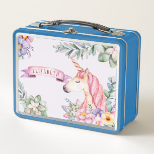 Lila Wasserfarbe Blume Unicorn Metall Brotdose