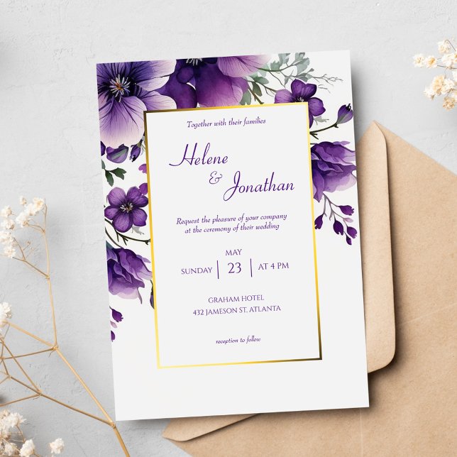 Lila Wasserfarbe Blumengarten Einladung (Purple Watercolor Floral Garden Elegant Wedding Invitation)
