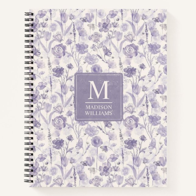 Lila Wasserfarbe Blumenmuster Notizbuch (Vorderseite)