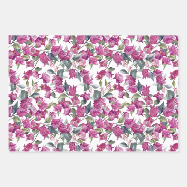 Lila Wasserfarbe Bougainvillea Muster Blumenmuster Geschenkpapier Set (Vorderseite)