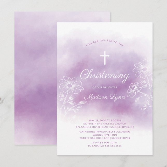 Lila Wasserfarbe Christening Taufe Einladung (Vorne/Hinten)