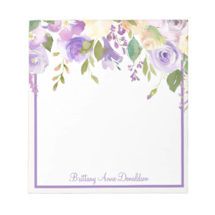 Lila Wasserfarbe Florale Namen Personalisieren Notizblock