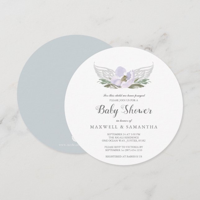 Lila Wasserfarbe Florals Engel Wings Baby Dusche Einladung (Vorne/Hinten)