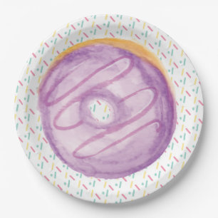 Lila Wasserfarbe-Frosted-Donut und Streusel Pappteller