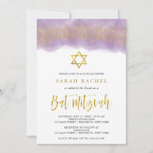 Lila Wasserfarbe Gold Imitate Glitzer Bat Mitzva Einladung