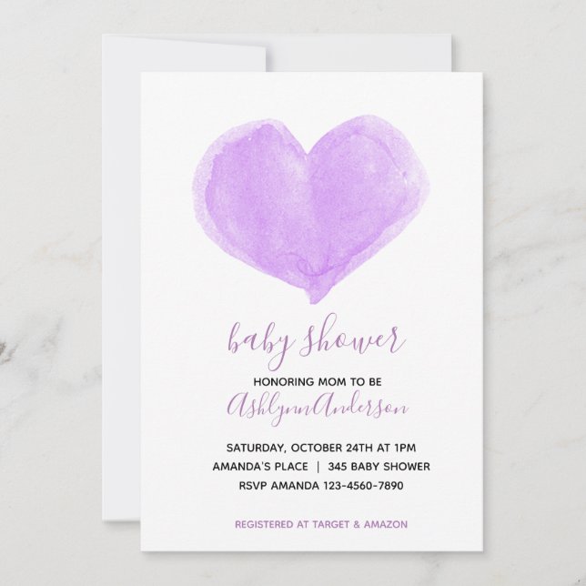 Lila Wasserfarbe Herzkinderdusche Einladung (Vorderseite)