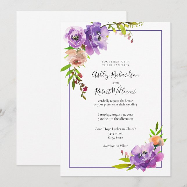 Lila Wasserfarbe Lila Blumenhochzeit Einladung (Vorne/Hinten)